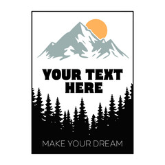Mountain Poster with Forest Silhouette and Red Sun, Vector Art Template for Camping, Hiking, and Nature Adventure Inspiration