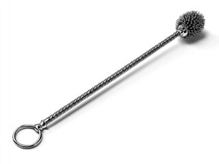 A long, slender metal cleaning brush.  A ball-shaped brush head attached to a braided metal shaft.  A ring at the handle end