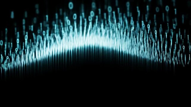 Abstract data flow with binary code and blue light on black background for technology concept. Digital stream of numbers and computer code, graphic illustration.