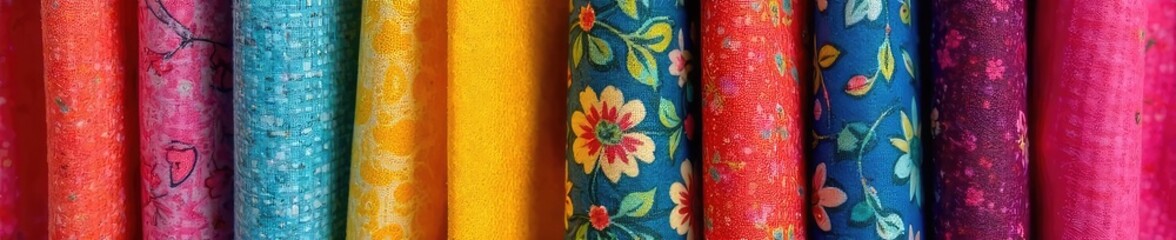 Vibrant bolts of colorful fabric in a variety of textures and patterns, ready for sewing projects  Perfect for crafting, fashion, and textile design inspiration ,  cotton,  artwork