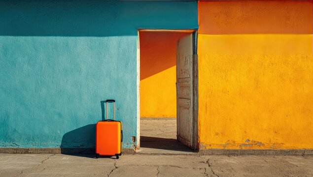 Orange suitcase by open doorway; vibrant walls
