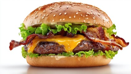 Gourmet cheeseburger with bacon.  Freshly made burger with a toasted sesame seed bun, juicy beef patty, melted cheese, crispy bacon, and lettuce.  Isolated on white
