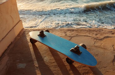 Skateboard by the ocean at sunrise