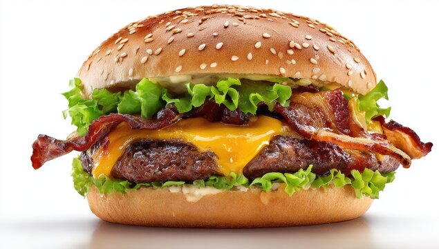 Gourmet cheeseburger with bacon.  Freshly made burger with a toasted sesame seed bun, juicy beef patty, melted cheese, crispy bacon, and lettuce.  Isolated on white