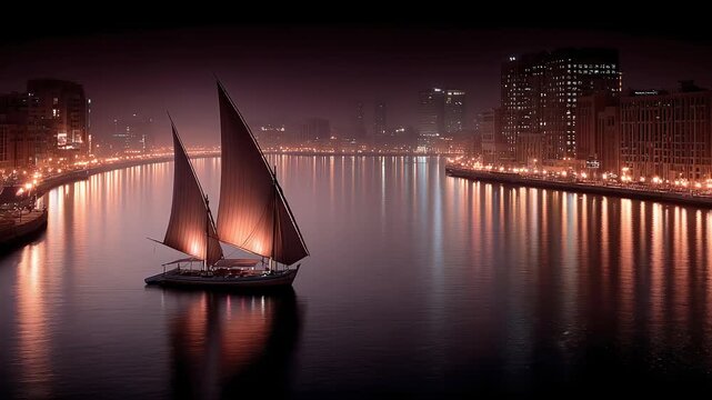 Traditional Dhow Sailing on Dubai Creek at Night