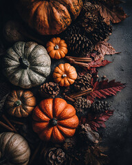 Pumpkins and Autumn Decorations Flat Lay from Above