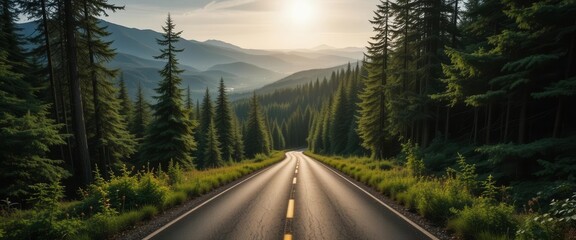 Panoramic Mountain  The Road Leads to the Horizon Through Dark Emerald Woods.