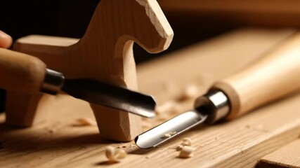 Cinematic Close-Up of Hand-Carved Wooden Toy and Small Tool, Symbol of Father Teaching Child Craftsmanship