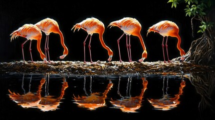 Five Flamingos at Water's Edge.