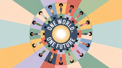 Vibrant mosaic globe with diverse human figures and "One World, One Future" message symbolizing global unity