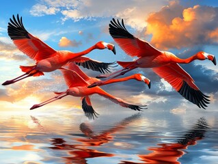 Flamingos in Flight at Sunset.