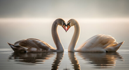 Two swans forming a heart shape with their necks in a calm lake, captured at sunset, symbolizing love and affection © gk