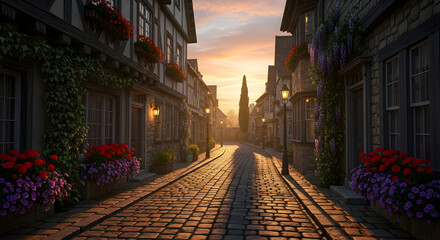Fototapeta premium A narrow street in an old European village with warm sunset light illuminating charming buildings and flower boxes