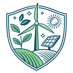 Naklejka premium Shield emblem showcasing renewable energy sources including a wind turbine solar panel and growing plants with sun