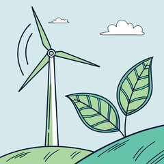 Stylized illustration of a wind turbine generating clean energy on a green hill with sprouting leaves and clouds