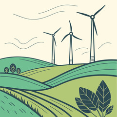 Stylized illustration of three wind turbines standing tall on rolling green hills under a pale sky with abstract wind lines