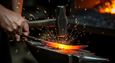 Blacksmith hammering a glowing hot metal blade on an anvil