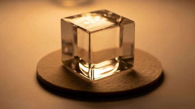 Elegant clear glass cube resting on beige coaster with warm light reflections, showcasing geometric shape and minimal design.