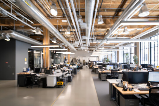 Blurred Open Office Interior with Gray Desks and Natural Light, motion blur Business concept, motion bokeh background