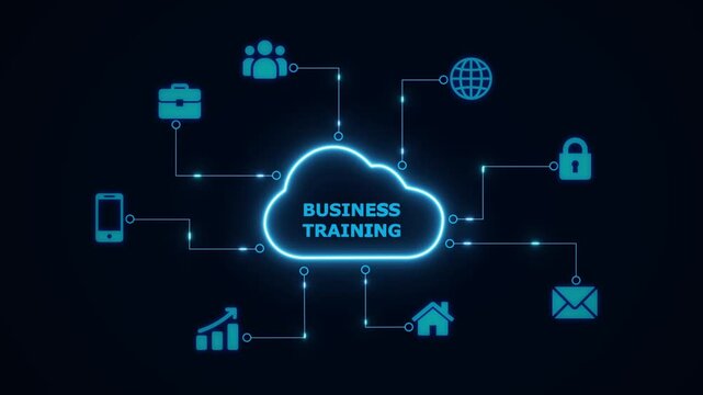 Animated glowing cloud with text “BUSINESS TRAINING” connected to multiple digital icons like business, security, communication, and technology. digital marketing, and customer support themes - Powered by Adobe
