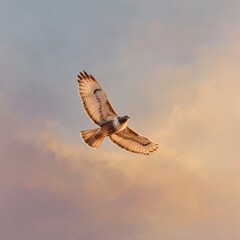 Majestic hawk soars high above against a dreamy backdrop of pastel sunset skies with soft clouds