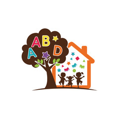 Happy children playing near a tree and house, alphabet letters, stars, books kids home ABC learning education school childcare