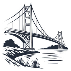 Iconic suspension bridge silhouette spanning across a body of water with grassy banks and distant hills