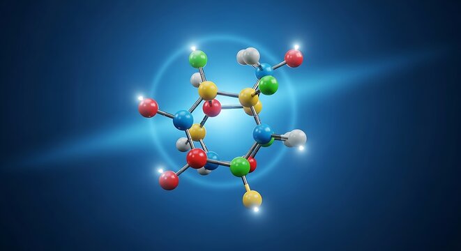 A colorful molecular structure is highlighted against a dark blue background, showcasing atomic bonds and a scientific theme. - Powered by Adobe