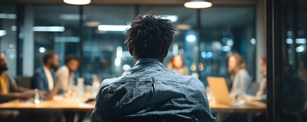 Person observes diverse team collaborating during evening meeting in modern office with glass walls, fostering inclusivity and innovation.