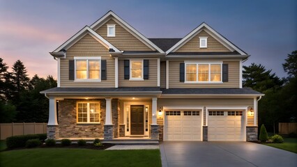 Beautiful two story house at dusk.  Modern suburban home exterior.