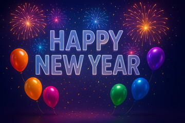 A luxurious Happy New Year text style in glass effect, floating elegantly in the middle of the composition. Surrounding the text are vibrant colorful fireworks bursting