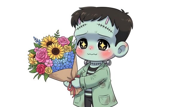 Adorable Kawaii Frankenstein's Monster Holding a Vibrant Bouquet of Flowers - A Sweet and Cute Illustration