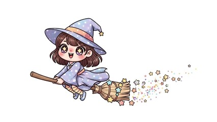 Cute Kawaii witch with a star-covered hat and robe flying on a broomstick, leaving a trail of sparkles