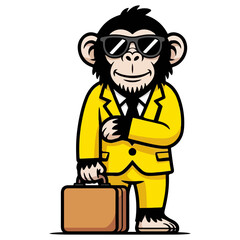 Monkey in Business Suit Cartoon Illustration – Stylish Animal Mascot Wearing Sunglasses and Holding Briefcase