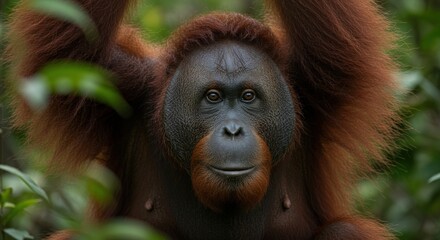 Orangutan face close up in jungle setting