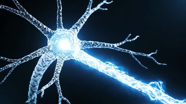 3D rendering of a nerve cell with electrical impulses firing along its axon, representing neurological activity and brain function