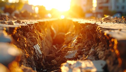 Sunset through a construction trench