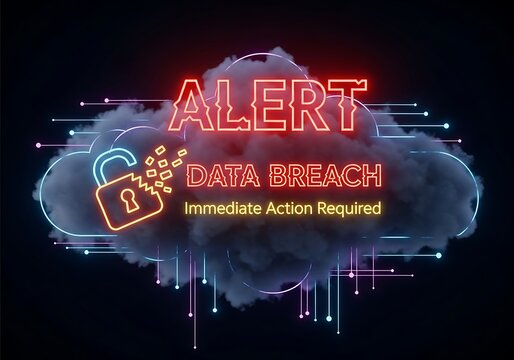 A neon cloud graphic displays an alert of a data breach requiring immediate action.