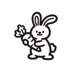 Cute Bunny Holding Easter Carrot Coloring Page Line Art Illustration.