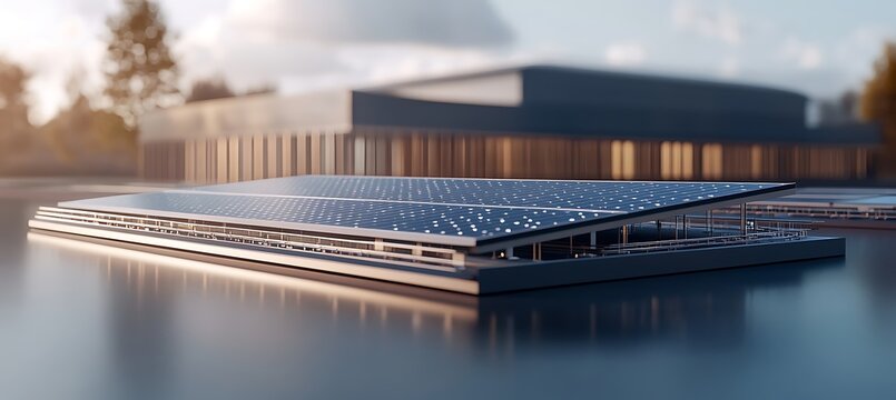 Floating solar panel installation on a lake with a building in background