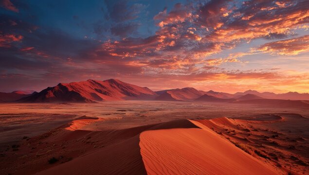 Desert panorama at vibrant sunrise. Red dunes, mountains, and a colorful sky - Powered by Adobe
