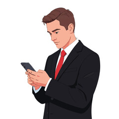 Businessman in suit using smartphone with concentration.