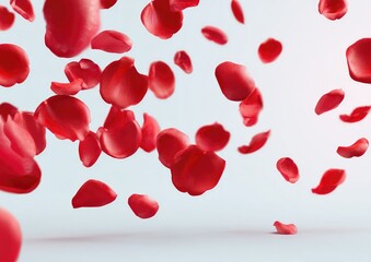 Rose petals falling in slow motion. Light, airy, vibrant red petals against a pale background. Soft, diffused light