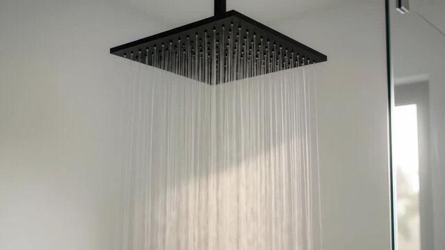 Modern bathroom with square shower head and running water creating a clean and refreshing interior design in bathroom with window view.