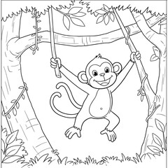 A smiling monkey swings from jungle vines in a lively forest.