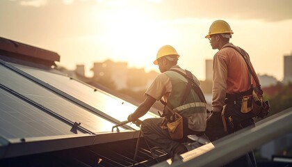 Two workers install solar panels on a rooftop at sunset