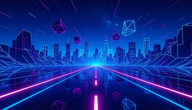 A futuristic digital cityscape with a neon road and glowing geometric shapes in a retrowave style