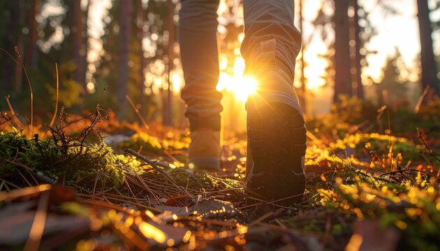 Person hiking in a forest, sunlight filtering through trees, focusing on hiking boots on a path covered with pine needles and mossy ground