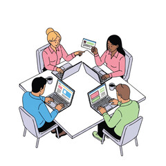 Four colleagues collaborating around a table using laptops.