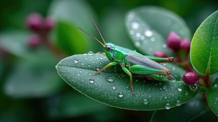 Close Up of Green Grasshopper Perched on Leaf Macro Photography with Water Droplets Wildlife Detailed Focus